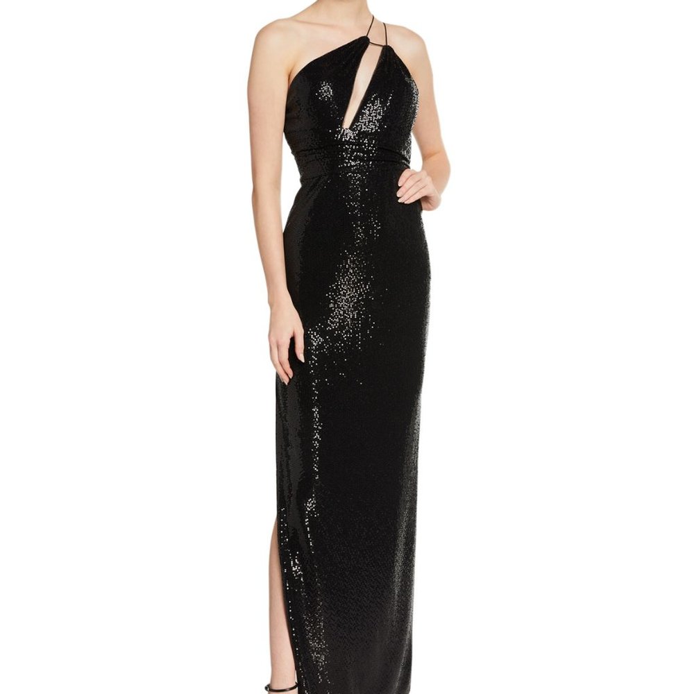 Aidan by Aidan Mattox black sequin one shoulder evening gown with slit